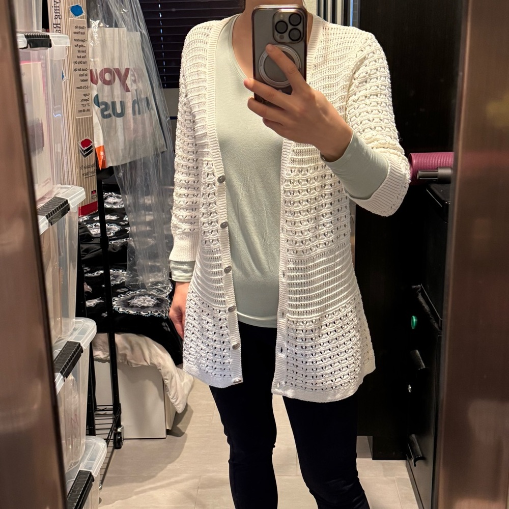 DKNY JEANS 3/4 Sleeve Ivory Crochet Cardigan Long Length